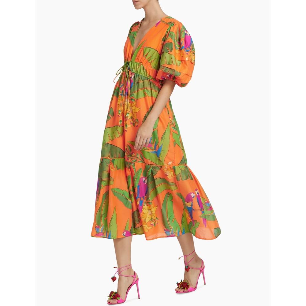 Farm Rio Fresh Macaws Orange Puff-Sleeve Midi Dress Size Small